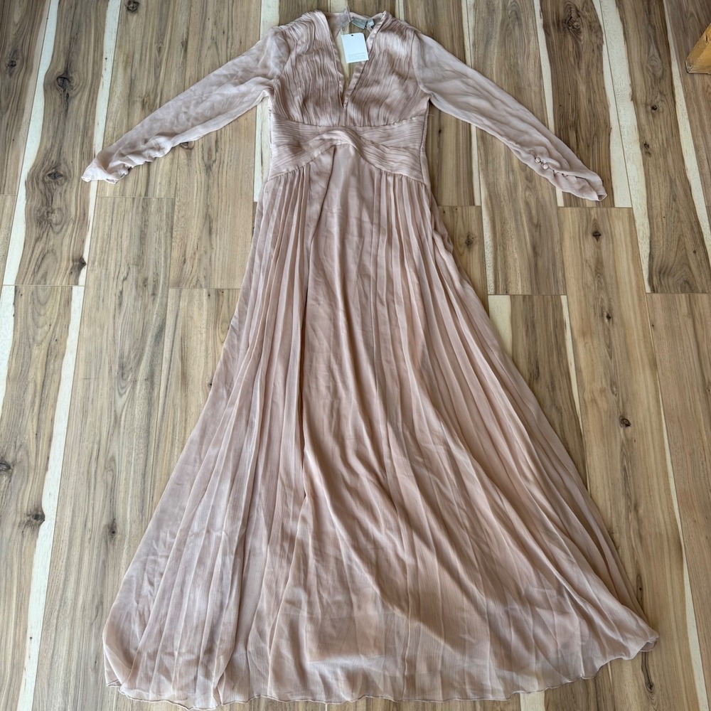ASOS Long Sleeve Pleated Maxi Dress Formal Gown bridesmaid Evening Blush Pink